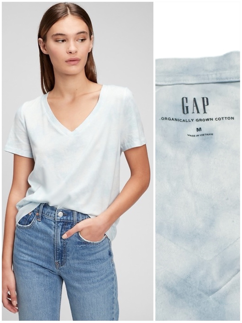 GAP Organic Cotton Vintage Tie-Dye V-Neck T-Shirt Cloudy Blue Tie Dye Colorway